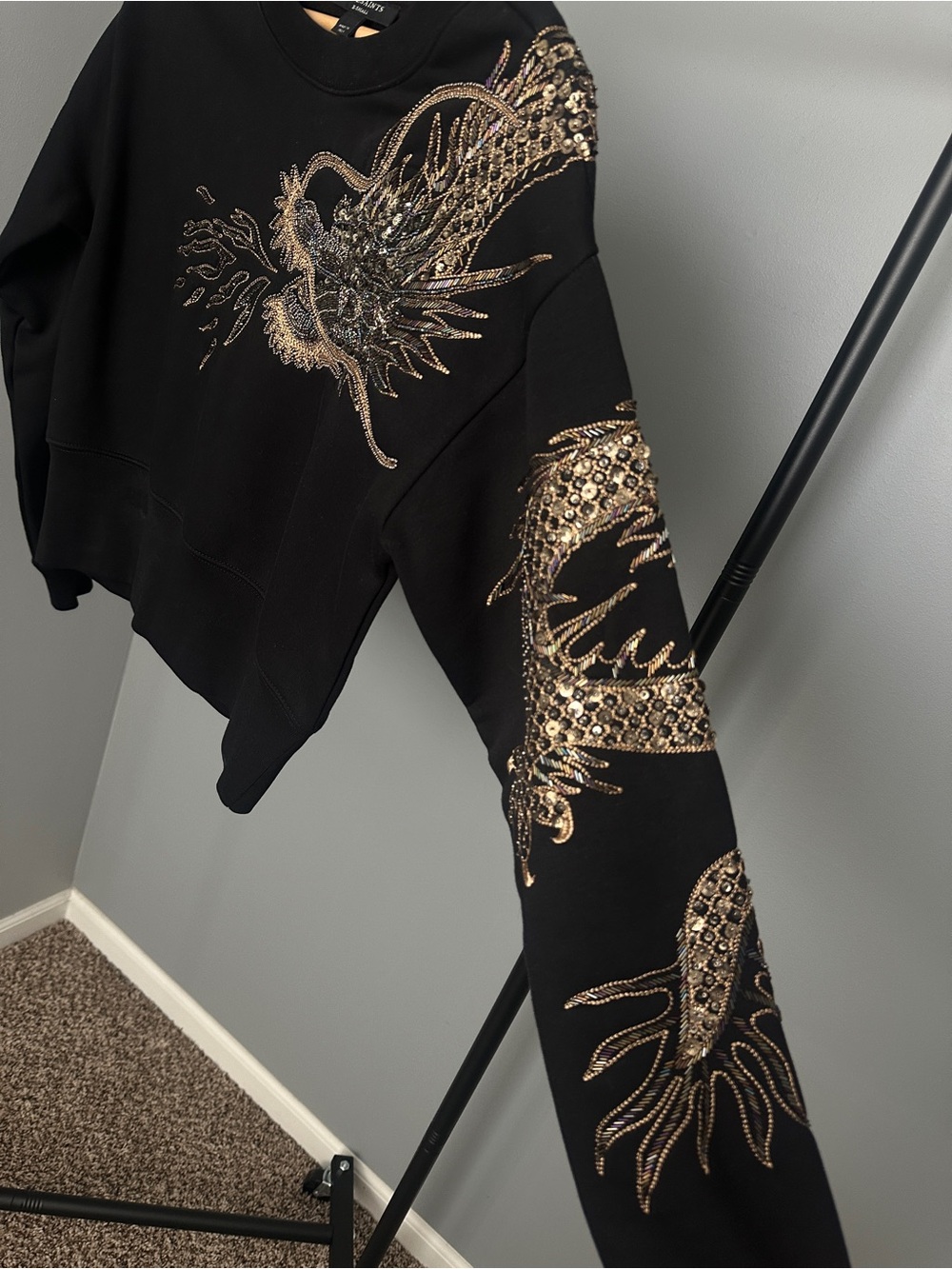 AllSaints Black Sweatshirt with Metallic Embellished Dragon - Picture 4 of 6